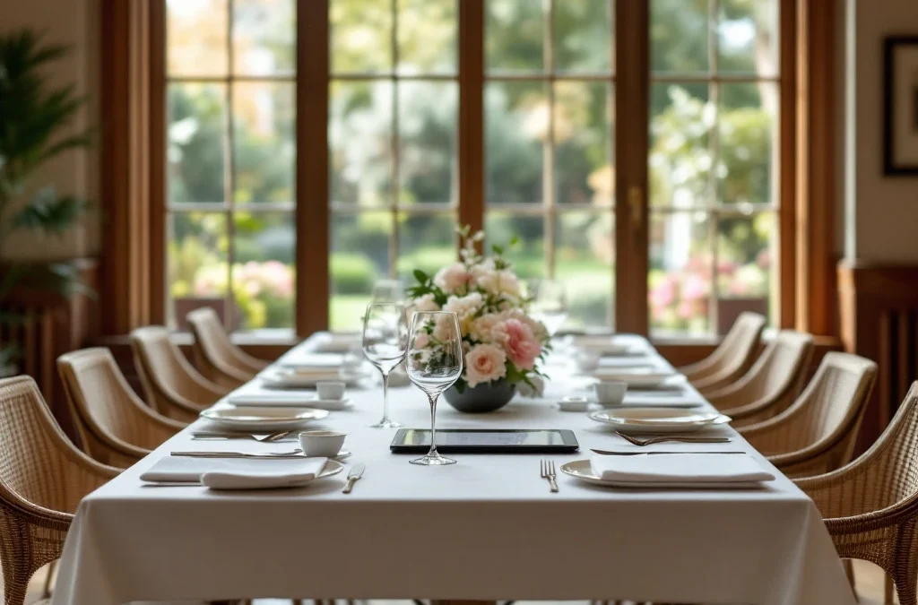 Elegant gedekte tafel in sfeervol restaurant met kristallen, linnen en bloemen. Reserveringstablet ligt klaar bij ramen met tuinzicht.