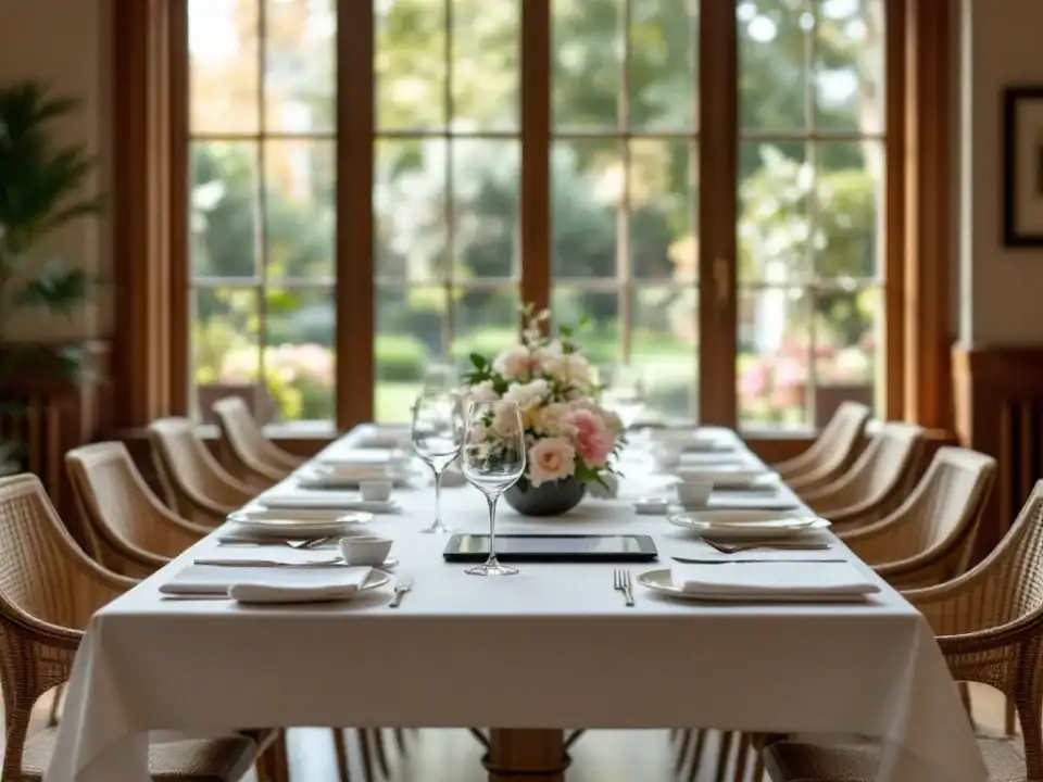 Elegant gedekte tafel in sfeervol restaurant met kristallen, linnen en bloemen. Reserveringstablet ligt klaar bij ramen met tuinzicht.
