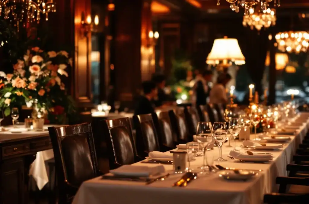 Restaurant Villa Flora bij gouden licht: intieme tafel voor twee naast elegante tafel voor twaalf, met historische charme en warme sfeer.