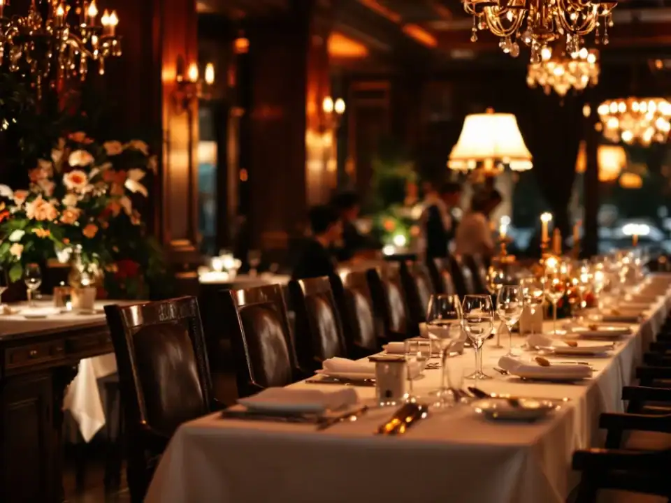 Restaurant Villa Flora bij gouden licht: intieme tafel voor twee naast elegante tafel voor twaalf, met historische charme en warme sfeer.