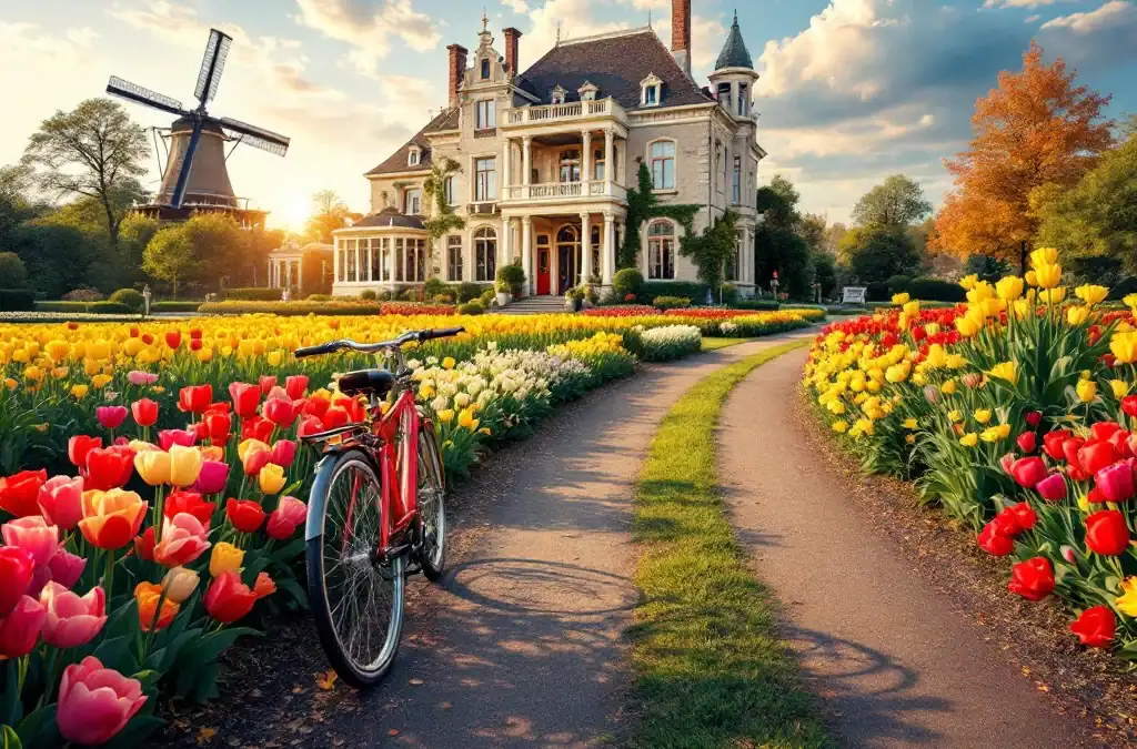 Rode fiets langs kronkelend pad door kleurrijke tulpenvelden in Hillegom, met historische villa en windmolens onder zomerse blauwe hemel.