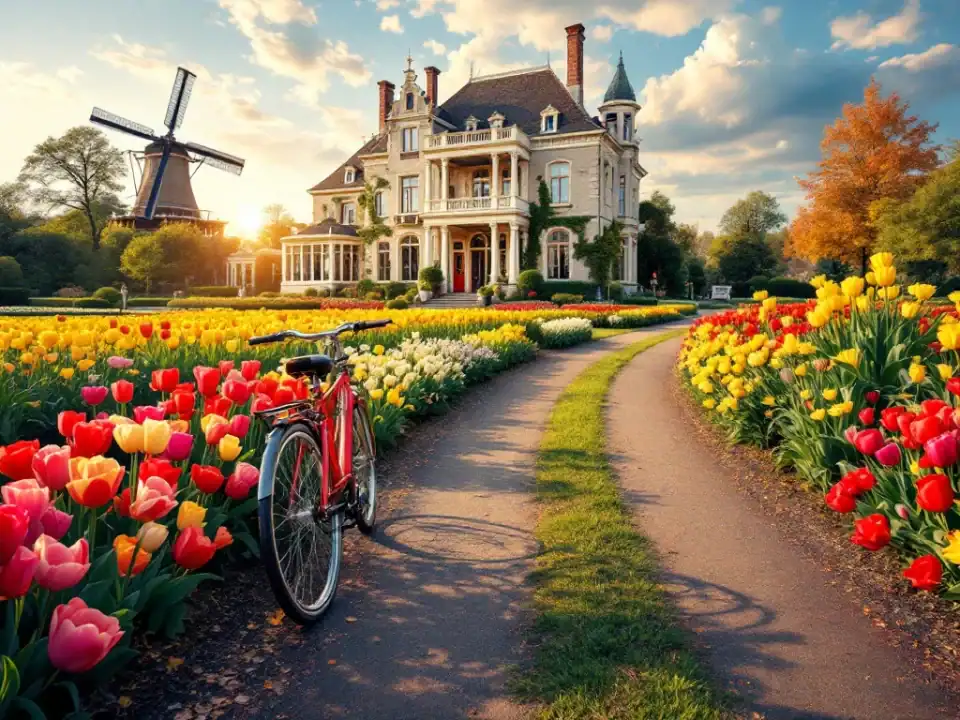 Rode fiets langs kronkelend pad door kleurrijke tulpenvelden in Hillegom, met historische villa en windmolens onder zomerse blauwe hemel.
