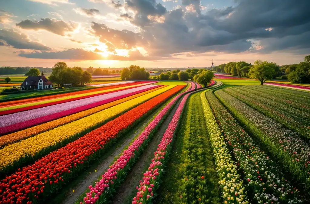 Kleurrijke tulpenvelden in de Bollenstreek met patronen van rood, geel en paars. Een fietspad slingert langs de velden met Villa Flora zichtbaar tussen bomen op de achtergrond.