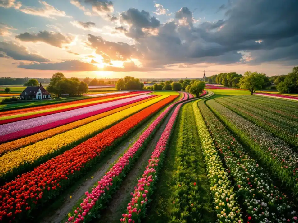 Kleurrijke tulpenvelden in de Bollenstreek met patronen van rood, geel en paars. Een fietspad slingert langs de velden met Villa Flora zichtbaar tussen bomen op de achtergrond.