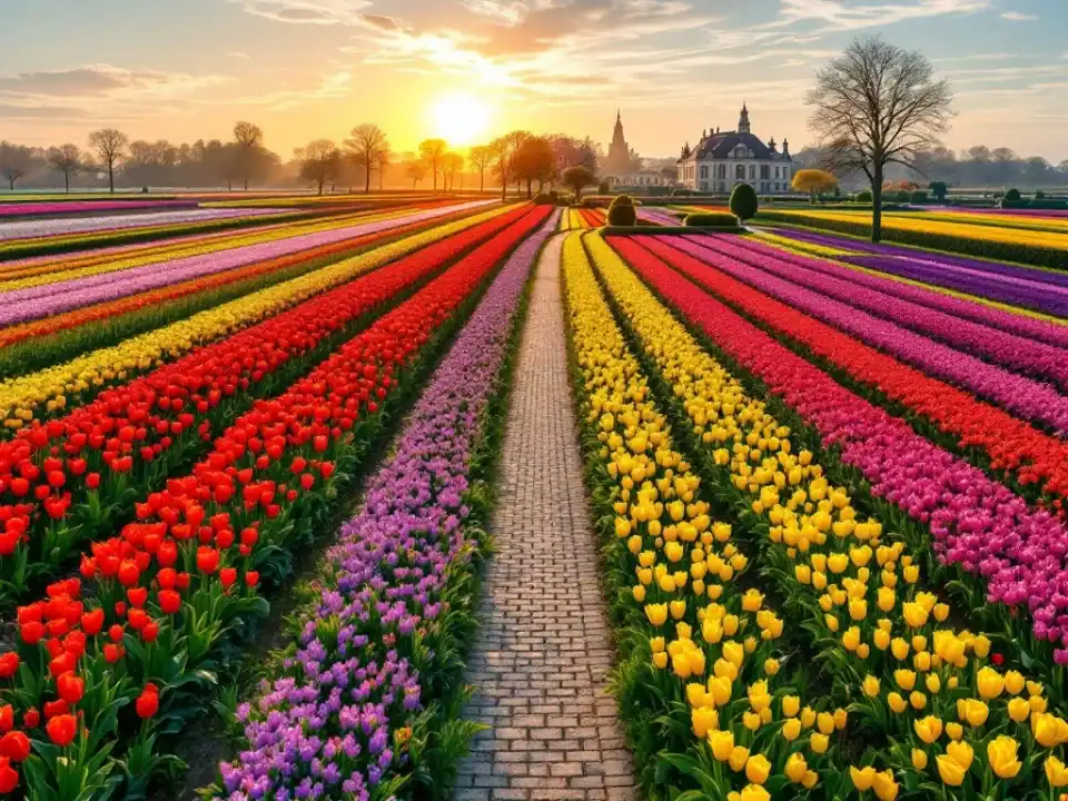 Luchtfoto van kleurrijke tulpenvelden in de Bollenstreek met rijen rode, gele en paarse bloemen. Een kasseienpad slingert tussen velden met op de achtergrond Villa Flora.