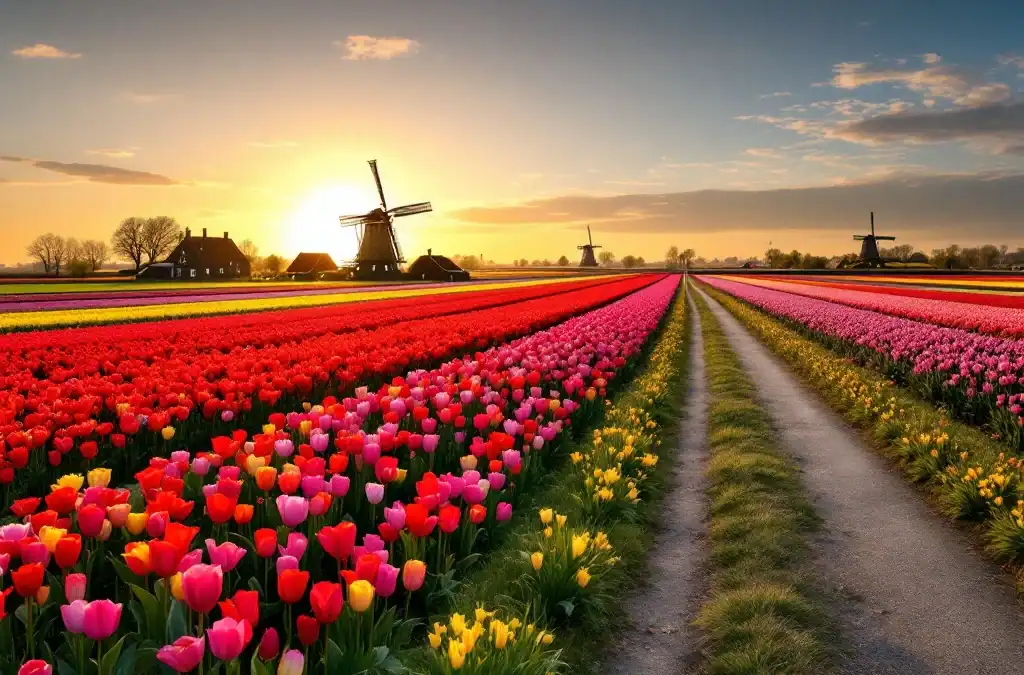Kleurrijke tulpenvelden in de Bollenstreek bij zonsondergang, met rijen rode, gele, roze en paarse tulpen, windmolens en een slingerend fietspad.