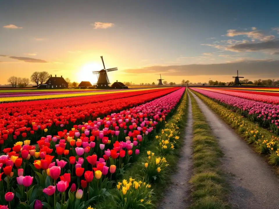 Kleurrijke tulpenvelden in de Bollenstreek bij zonsondergang, met rijen rode, gele, roze en paarse tulpen, windmolens en een slingerend fietspad.