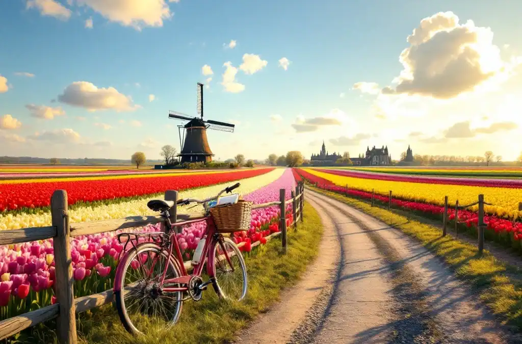 Fietspad door kleurrijke tulpenvelden bij Hillegom met Nederlandse fiets tegen een hek, wicker mand, en windmolen in de verte onder stralende lentehemel.