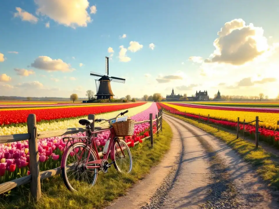 Fietspad door kleurrijke tulpenvelden bij Hillegom met Nederlandse fiets tegen een hek, wicker mand, en windmolen in de verte onder stralende lentehemel.