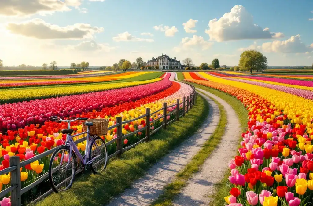 Fietspad slingert door kleurrijke tulpenvelden in bloei bij Hillegom, met Villa Flora op achtergrond en een fiets in voorgrond.
