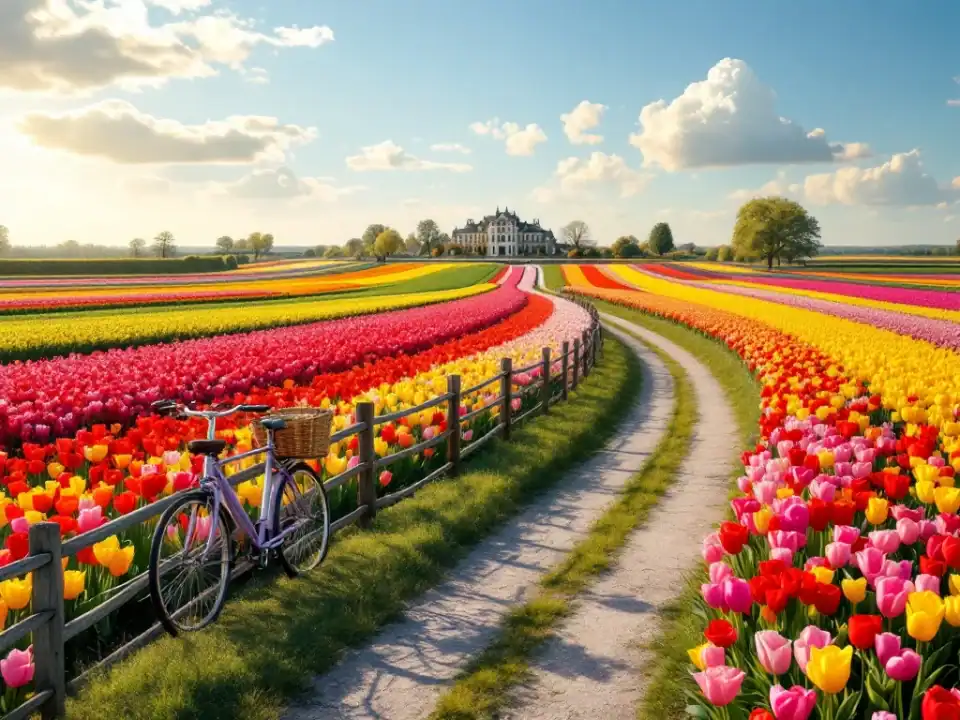 Fietspad slingert door kleurrijke tulpenvelden in bloei bij Hillegom, met Villa Flora op achtergrond en een fiets in voorgrond.