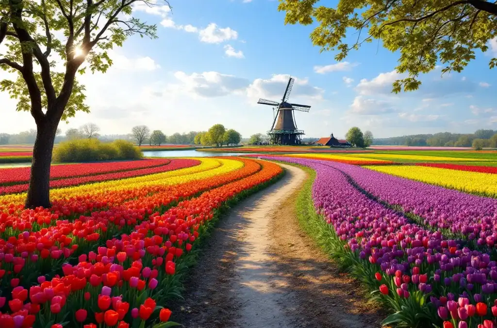 Kronkelend pad door kleurrijke tulpenvelden bij Hillegom met historische windmolen en glinsterende Ringvaart onder blauwe lentehemel.