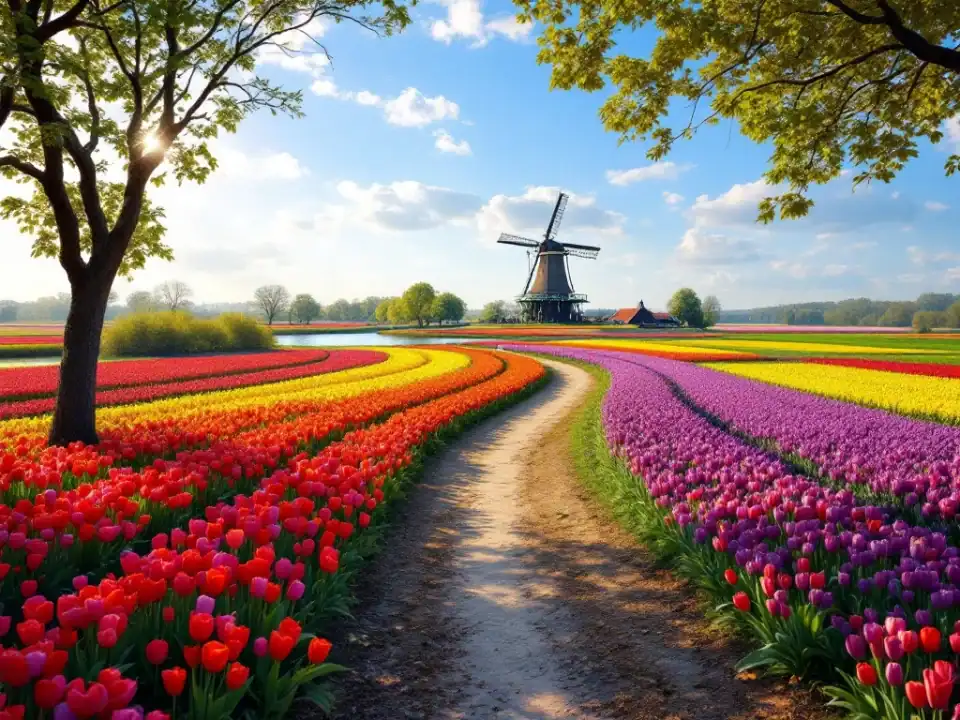 Kronkelend pad door kleurrijke tulpenvelden bij Hillegom met historische windmolen en glinsterende Ringvaart onder blauwe lentehemel.