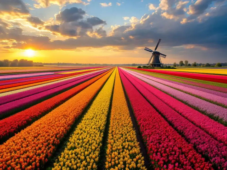 Kleurrijke tulpenvelden in de Bollenstreek tijdens volle bloei, met een windmolen in het polderlandschap bij zonsondergang.