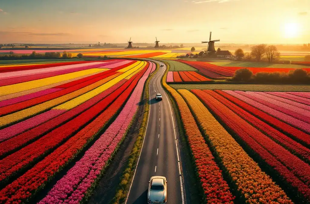 Luchtfoto van kleurrijke tulpenvelden in de Bollenstreek met slingerende weg, klassieke auto's en windmolens in avondlicht. Typisch Nederlands landschap in volle bloei.