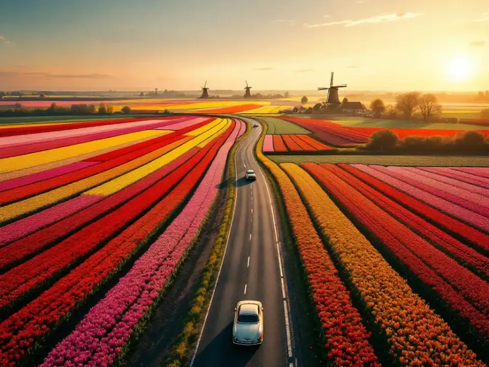 Luchtfoto van kleurrijke tulpenvelden in de Bollenstreek met slingerende weg, klassieke auto's en windmolens in avondlicht. Typisch Nederlands landschap in volle bloei.