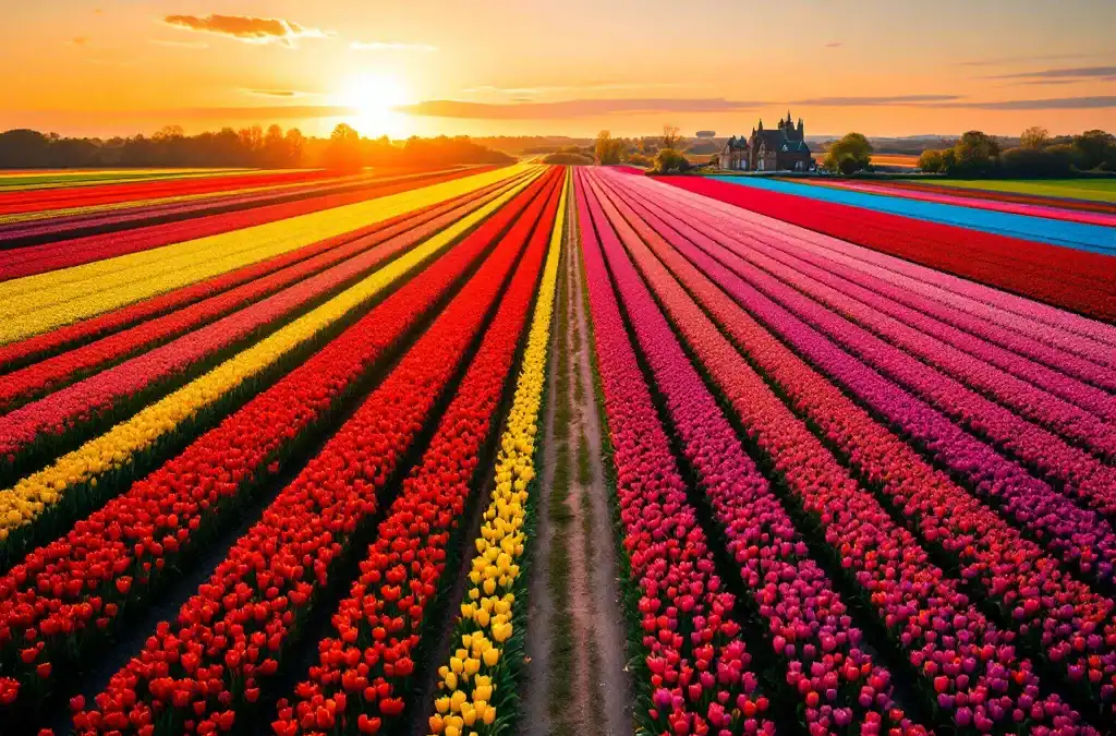 Luchtfoto van kleurrijke Nederlandse tulpenvelden in volle bloei tijdens het gouden uur, met rijen rood, geel en paarse tulpen en een historisch gebouw op de achtergrond.