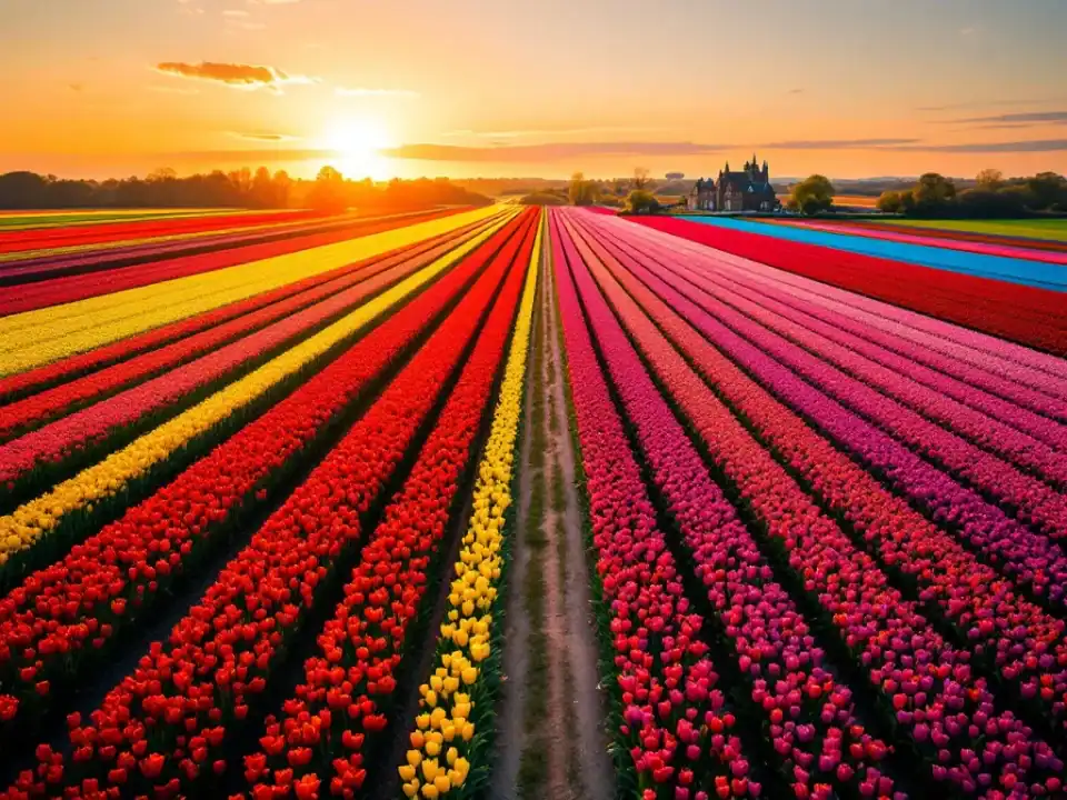 Luchtfoto van kleurrijke Nederlandse tulpenvelden in volle bloei tijdens het gouden uur, met rijen rood, geel en paarse tulpen en een historisch gebouw op de achtergrond.