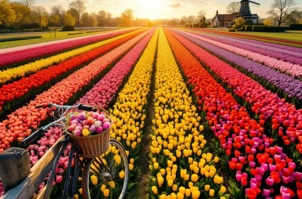 Kleurrijke Nederlandse tulpenvelden vanuit de lucht, met houten fiets in voorgrond, traditionele windmolen en Villa Flora in de verte bij zonsondergang.