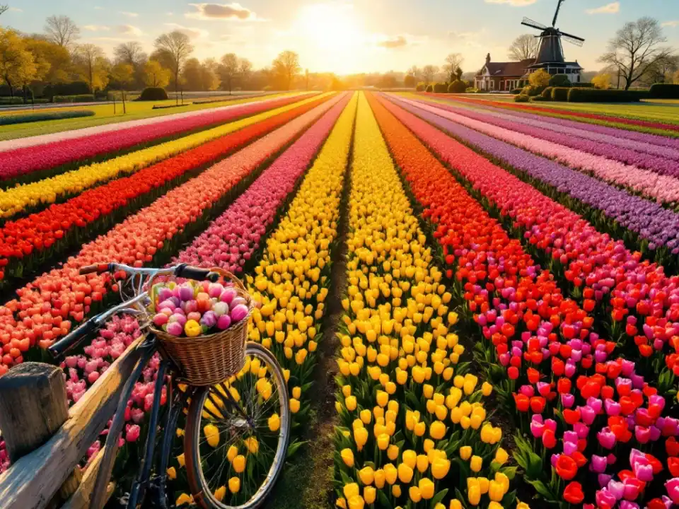 Kleurrijke Nederlandse tulpenvelden vanuit de lucht, met houten fiets in voorgrond, traditionele windmolen en Villa Flora in de verte bij zonsondergang.