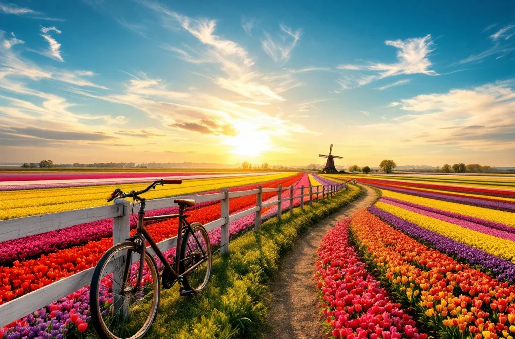 Luchtaanzicht van kleurrijke Nederlandse tulpenvelden bij gouden uur, met houten fiets bij hek, windmolen in de verte en geometrische bloemenpatronen.