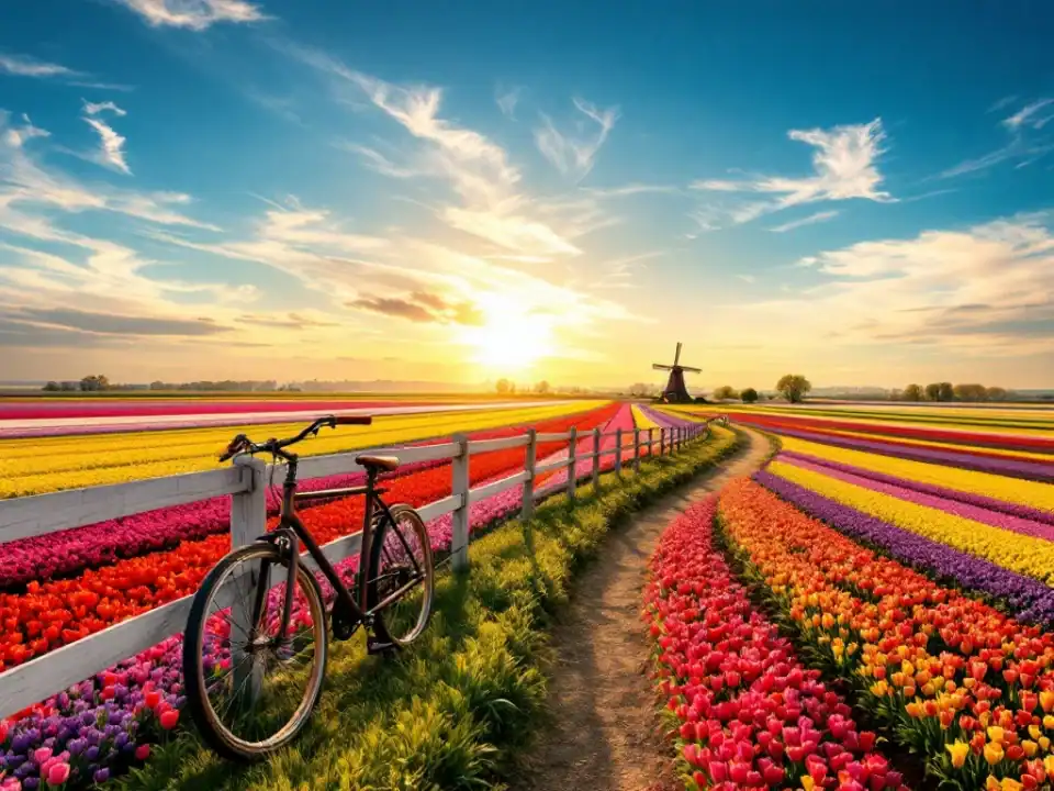 Luchtaanzicht van kleurrijke Nederlandse tulpenvelden bij gouden uur, met houten fiets bij hek, windmolen in de verte en geometrische bloemenpatronen.