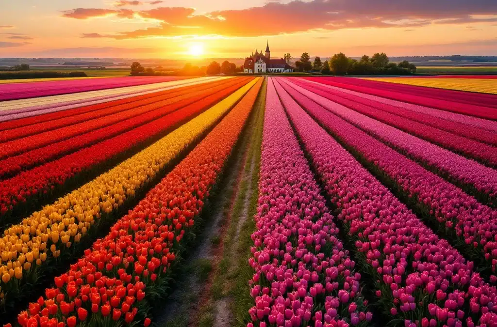 Luchtperspectief van kleurrijke Nederlandse tulpenvelden bij zonsondergang, met een historisch landhuis en landelijk pad tussen de bloeiende rode, gele en paarse bloemen.