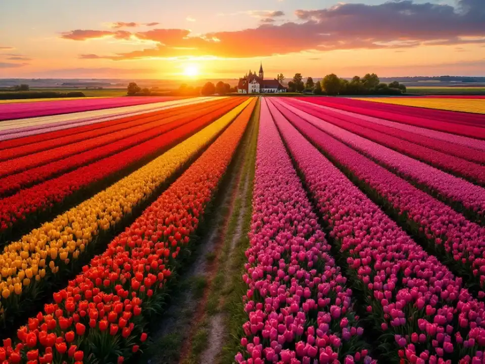 Luchtperspectief van kleurrijke Nederlandse tulpenvelden bij zonsondergang, met een historisch landhuis en landelijk pad tussen de bloeiende rode, gele en paarse bloemen.