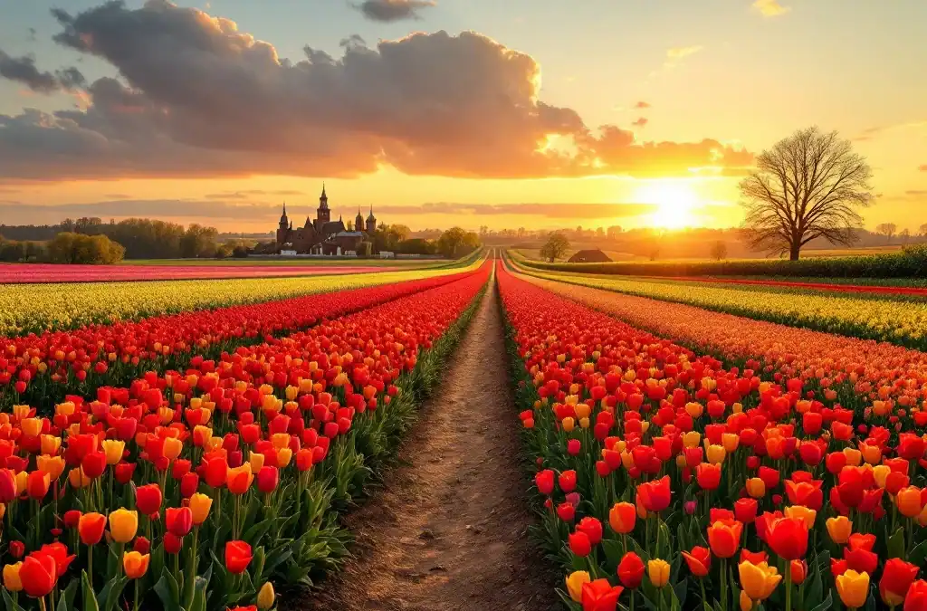 Kleurrijke tulpenvelden bij zonsondergang in Hillegom met gouden licht, de historische kerktoren op de achtergrond en een slingerend fietspad langs de Bollenstreek.