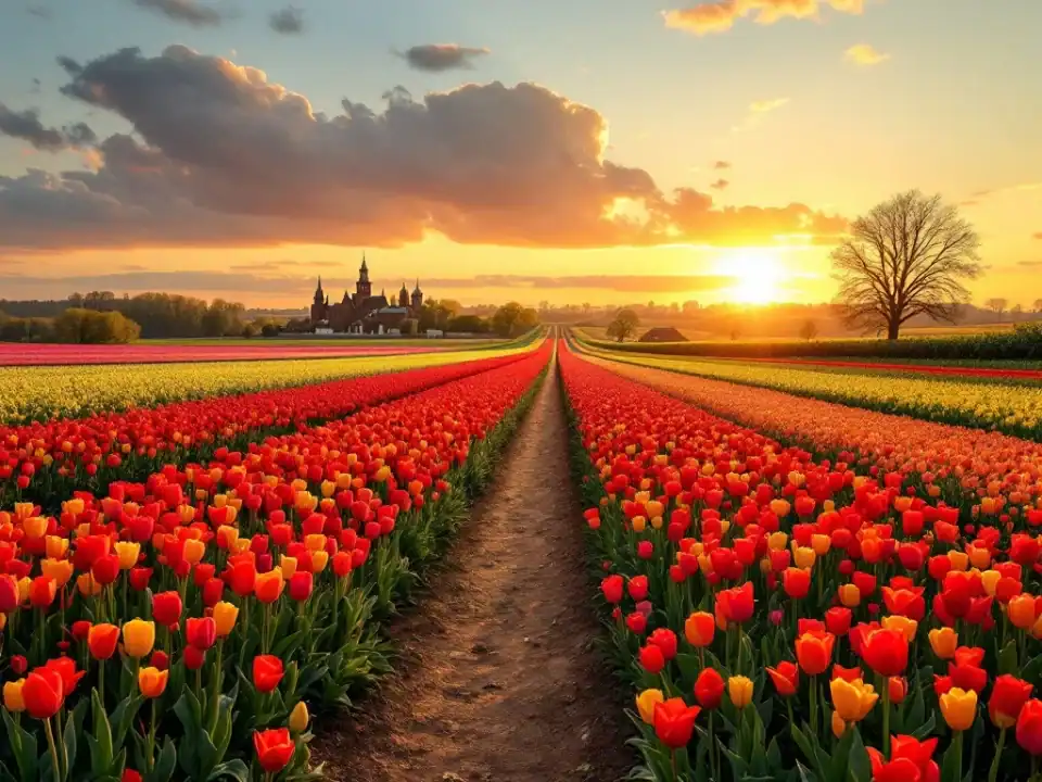 Kleurrijke tulpenvelden bij zonsondergang in Hillegom met gouden licht, de historische kerktoren op de achtergrond en een slingerend fietspad langs de Bollenstreek.