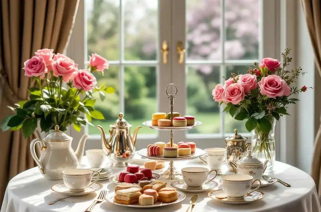 Elegante high tea setting in Villa Flora met zilveren etagère vol lekkernijen, porseleinen kopjes en een roos in kristallen vaas bij tuinzicht.
