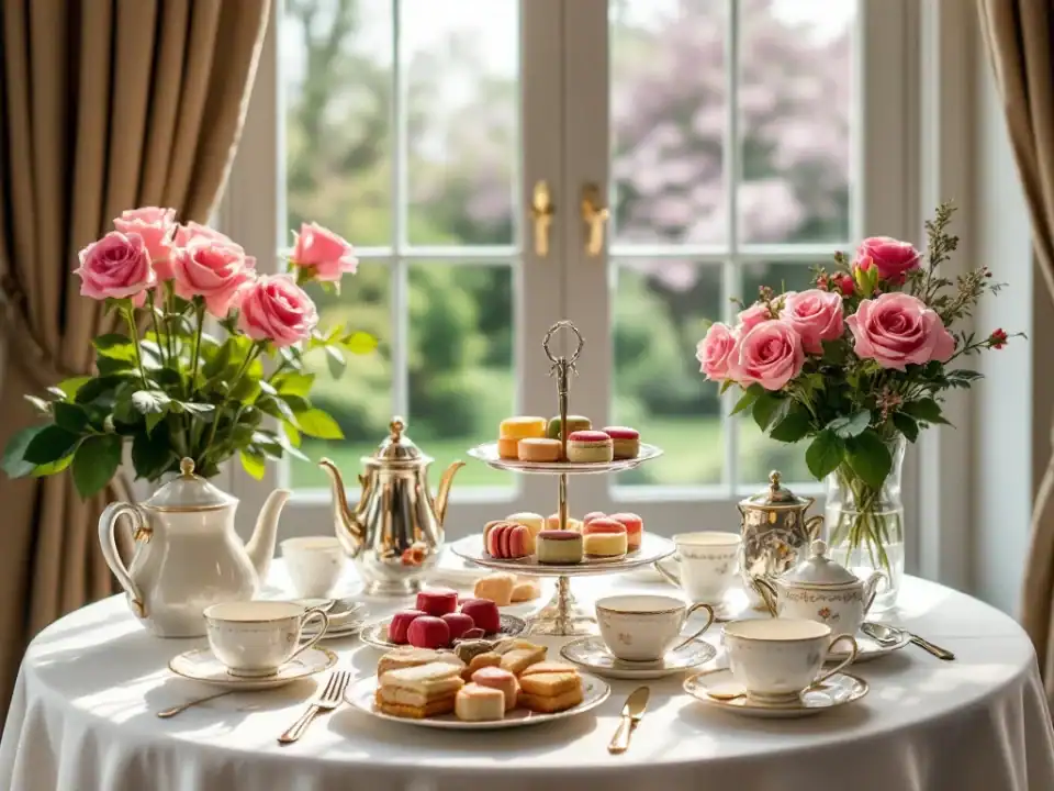 Elegante high tea setting in Villa Flora met zilveren etagère vol lekkernijen, porseleinen kopjes en een roos in kristallen vaas bij tuinzicht.