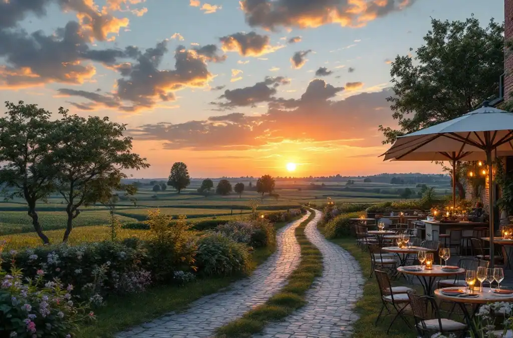Schilderachtig herfstlandschap in de Bollenstreek met fietspad door goudkleurige velden, terras van Villa Flora en dramatische zonsondergang boven de duinen.