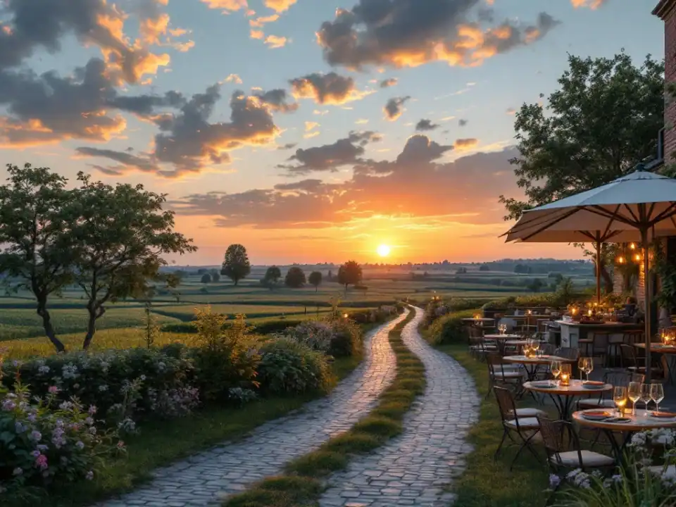 Schilderachtig herfstlandschap in de Bollenstreek met fietspad door goudkleurige velden, terras van Villa Flora en dramatische zonsondergang boven de duinen.