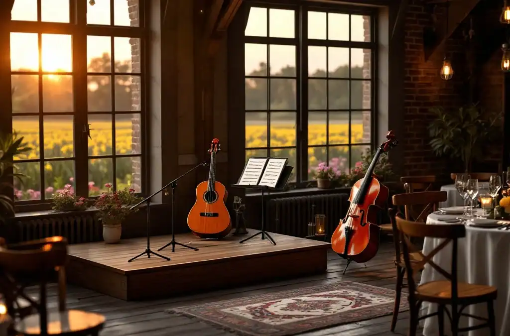 Historische muzieklocatie in de Bollenstreek met gitaar en viool op podium, bloembollenvelden door ramen, intieme zitopstelling.