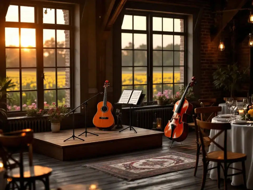 Historische muzieklocatie in de Bollenstreek met gitaar en viool op podium, bloembollenvelden door ramen, intieme zitopstelling.