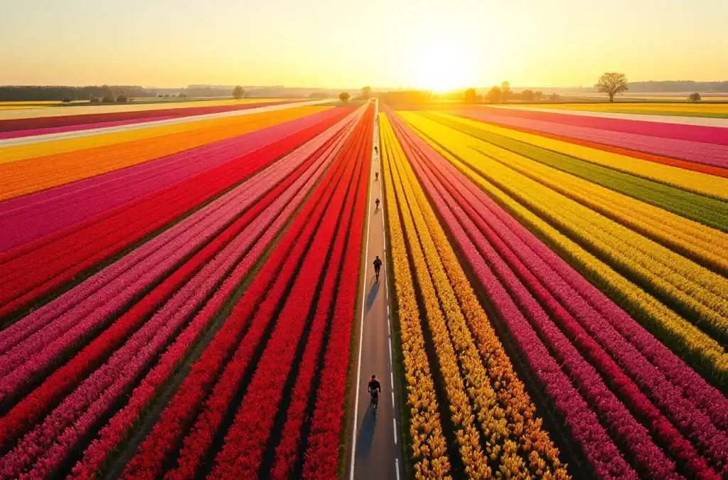 Luchtfoto van kleurrijke tulpenvelden in de Bollenstreek bij Hillegom, met geometrische patronen en fietsers op een slingerend pad door het bloeiende landschap.