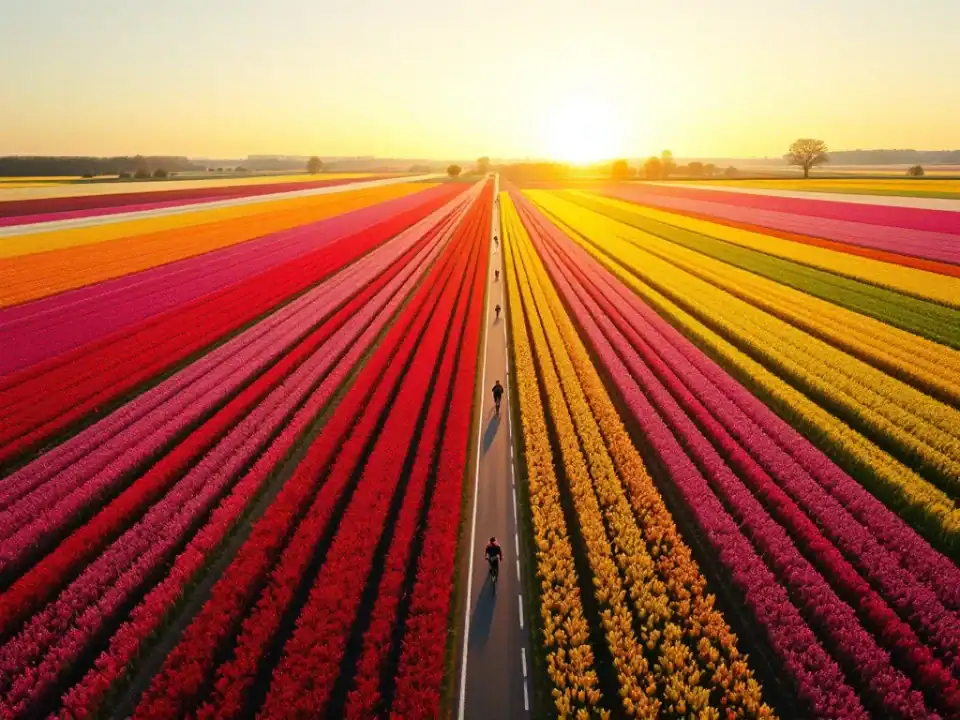 Luchtfoto van kleurrijke tulpenvelden in de Bollenstreek bij Hillegom, met geometrische patronen en fietsers op een slingerend pad door het bloeiende landschap.