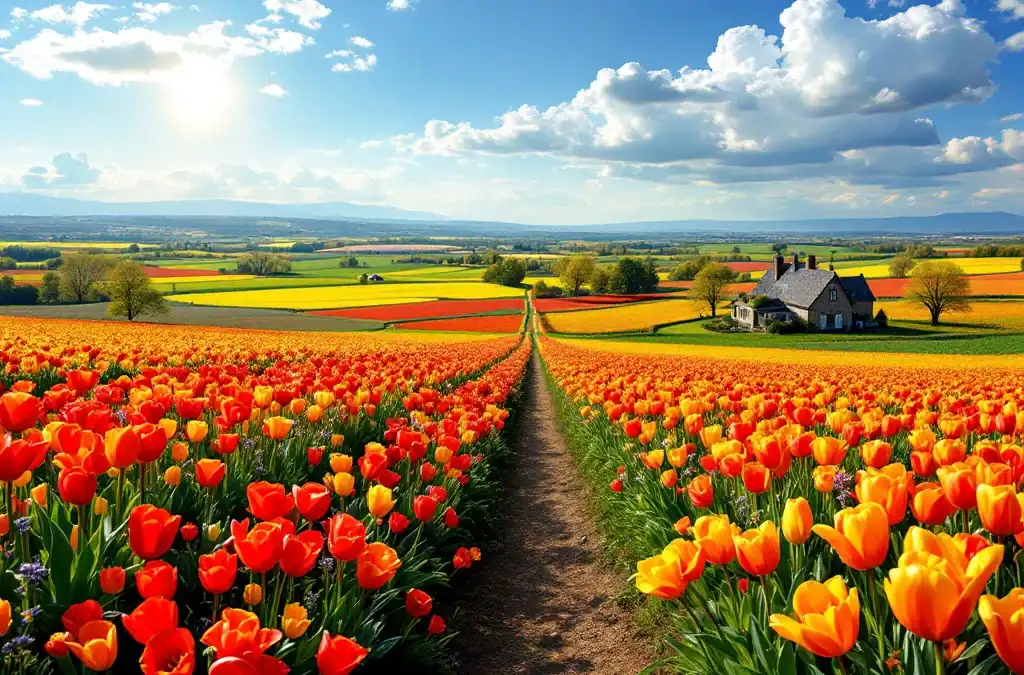Kleurrijke bollenvelden met rood, geel en paarse tulpen in volle bloei. Fietsers rijden over een slingerend pad met een landhuis zichtbaar tussen het groen.