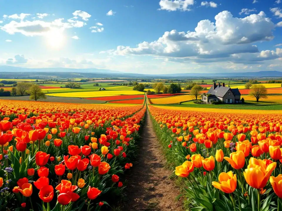 Kleurrijke bollenvelden met rood, geel en paarse tulpen in volle bloei. Fietsers rijden over een slingerend pad met een landhuis zichtbaar tussen het groen.