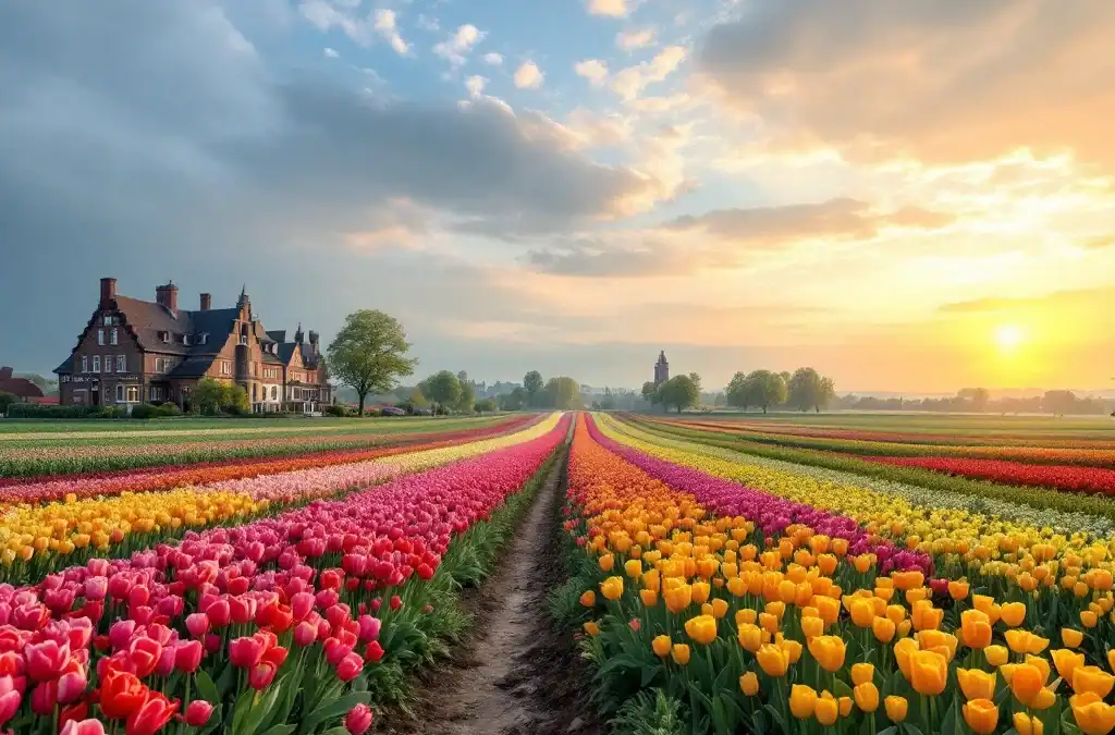 Kleurrijke tulpenvelden in Hillegom met slingerend fietspad en historische gebouwen onder heldere lentelucht in warm ochtendlicht.