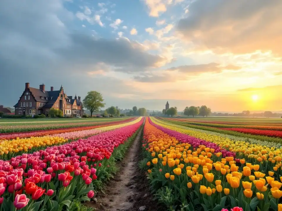Kleurrijke tulpenvelden in Hillegom met slingerend fietspad en historische gebouwen onder heldere lentelucht in warm ochtendlicht.