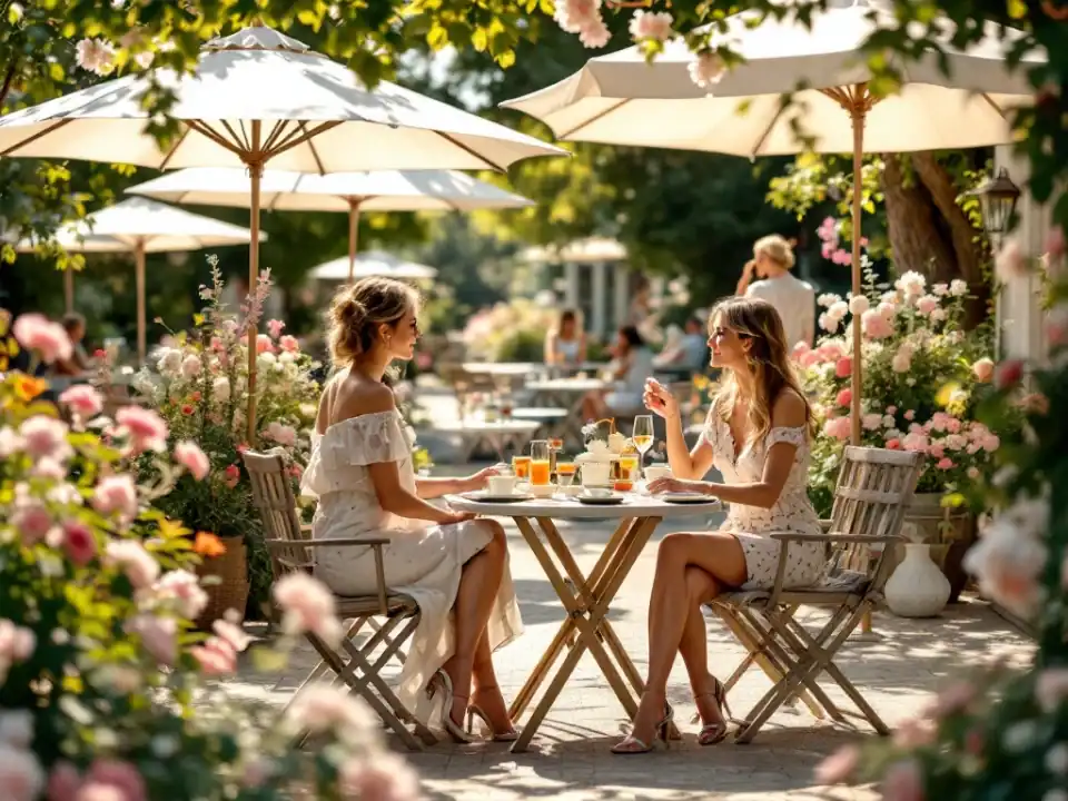 Drie vrouwen genieten van high tea in de bloeiende tuin van een boutiquehotel op een zomermiddag, met kleurrijke bollenvelden en fietspad op de achtergrond.