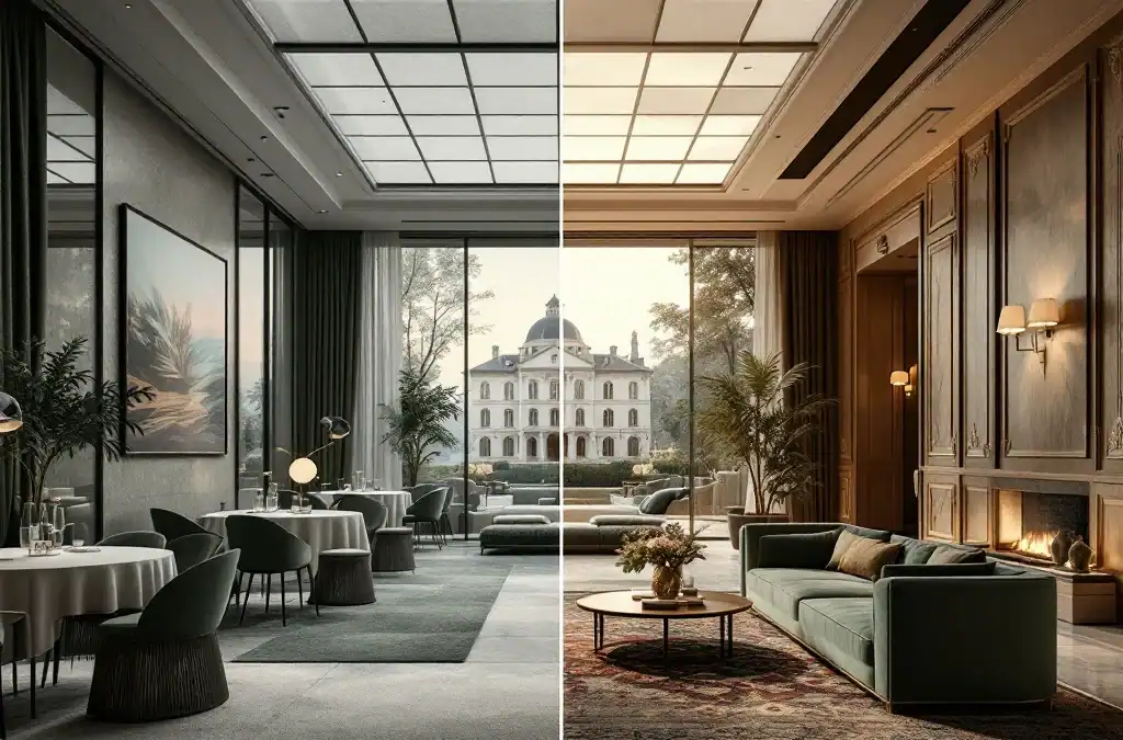 Contrast tussen modern congreshotel met high-tech faciliteiten en klassiek hotel met intieme vergaderruimte, verbonden door Villa Flora en weelderige tuinen.