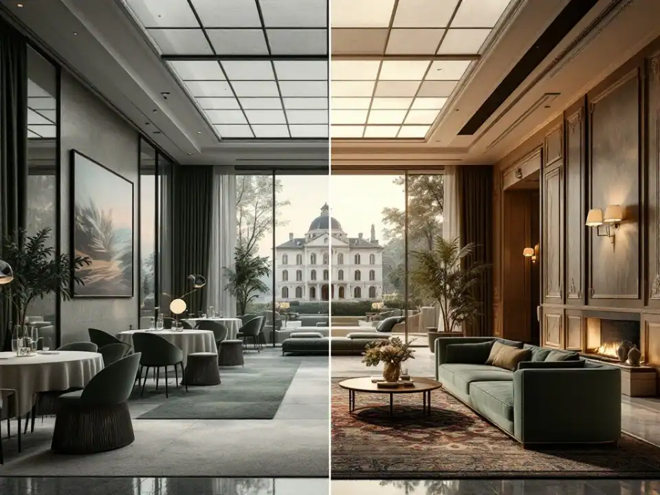 Contrast tussen modern congreshotel met high-tech faciliteiten en klassiek hotel met intieme vergaderruimte, verbonden door Villa Flora en weelderige tuinen.