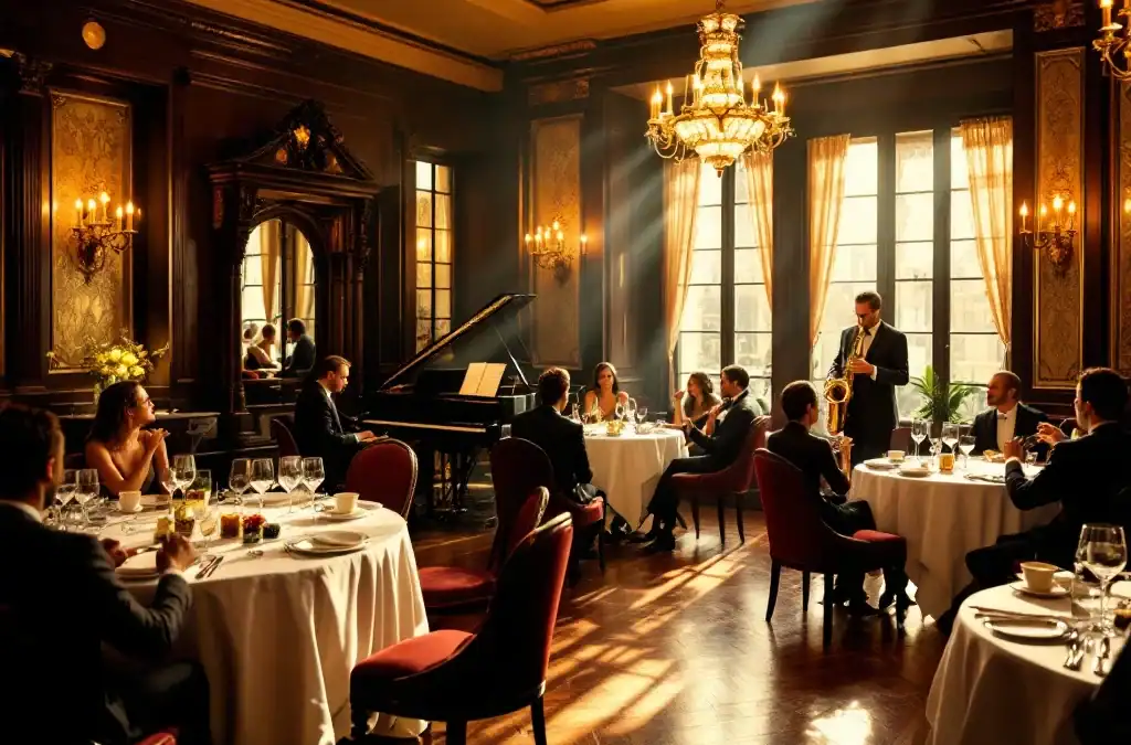 Historische eetzaal met jazz trio op klein podium, elegante tafels met wit linnen en kristal, warm amberkleurig licht op houten vloeren en gasten in silhouet.