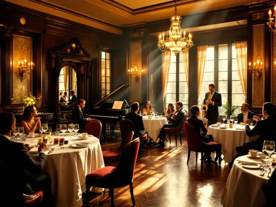 Historische eetzaal met jazz trio op klein podium, elegante tafels met wit linnen en kristal, warm amberkleurig licht op houten vloeren en gasten in silhouet.