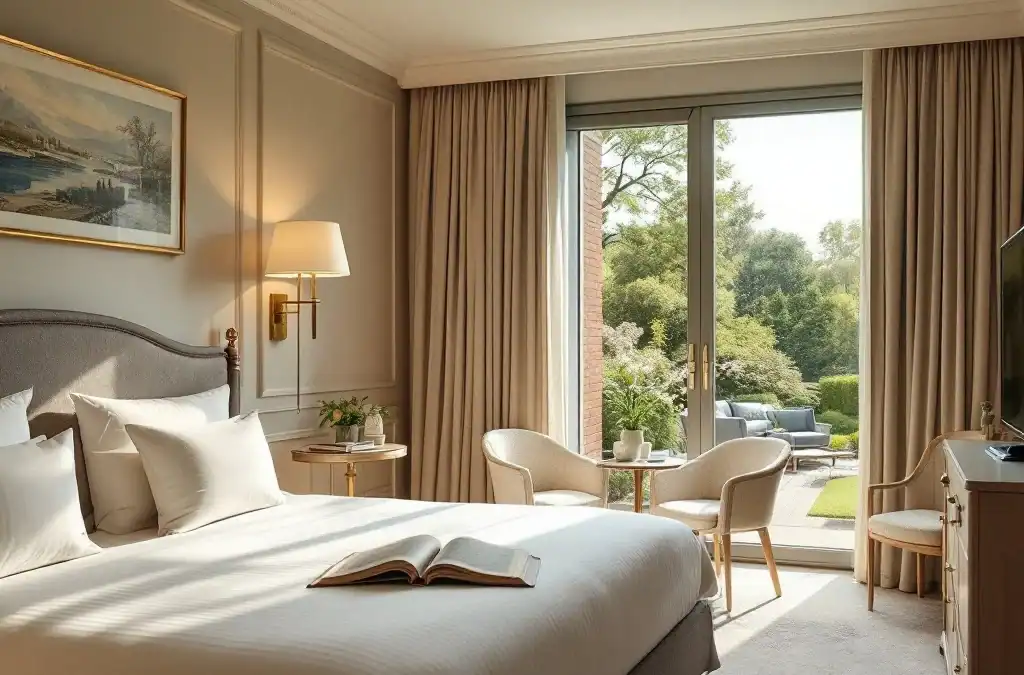 Luxe familie hotelkamer in Villa Flora met kingsize bed, kinderbedje met knuffel, uitzicht op speeltuin en dienblad met thee