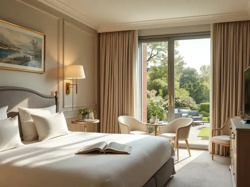 Luxe familie hotelkamer in Villa Flora met kingsize bed, kinderbedje met knuffel, uitzicht op speeltuin en dienblad met thee