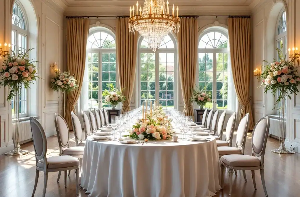 Elegante feestzaal in klassieke stijl ingericht voor jubileum, met gedekte antieke tafel onder kristallen kroonluchter en bloemen in pastelkleuren.